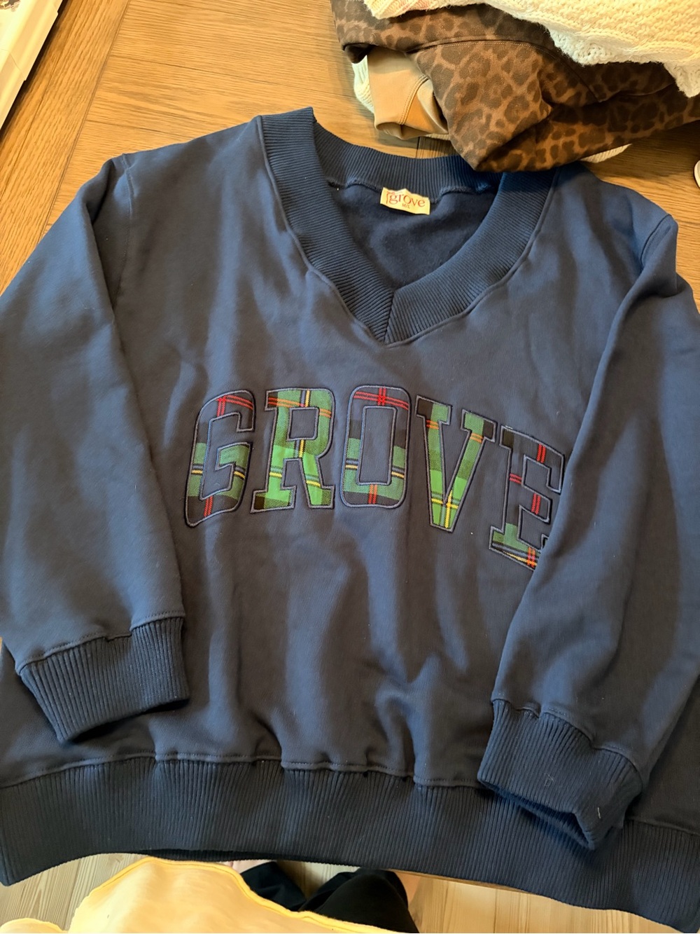 grove Navy Crewneck Sweatshirt with Red Logo Tag